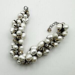 Freshwater Pearl Bracelet Faceted Bead Breaded Coastal Summer Classic White Grey
